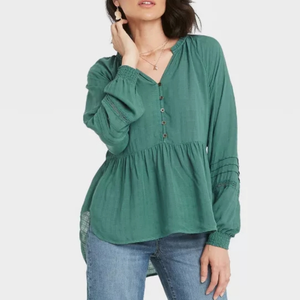 3/$30 Women's Knox Rose Teal Aqua Long Sleeve Button-Front Blouse - NWT - Medium